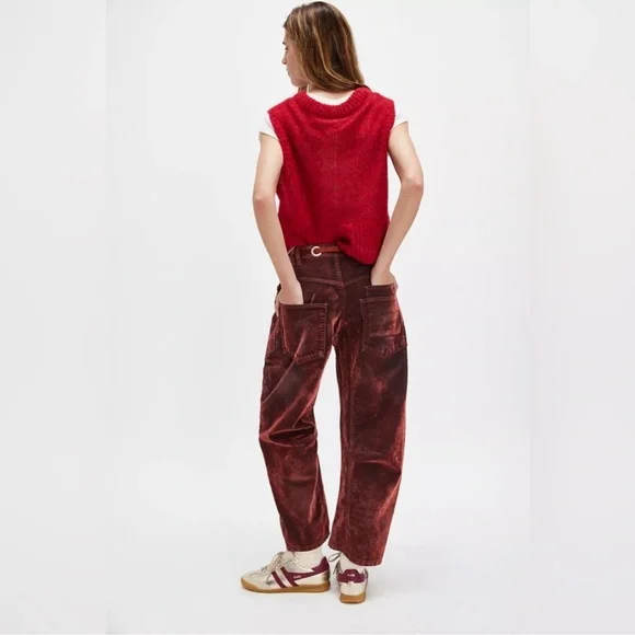 FREE PEOPLE|| Moxie Low Slung Flocked Pull-On Barrel Jeans in Chile NWOT - Picture 4 of 10